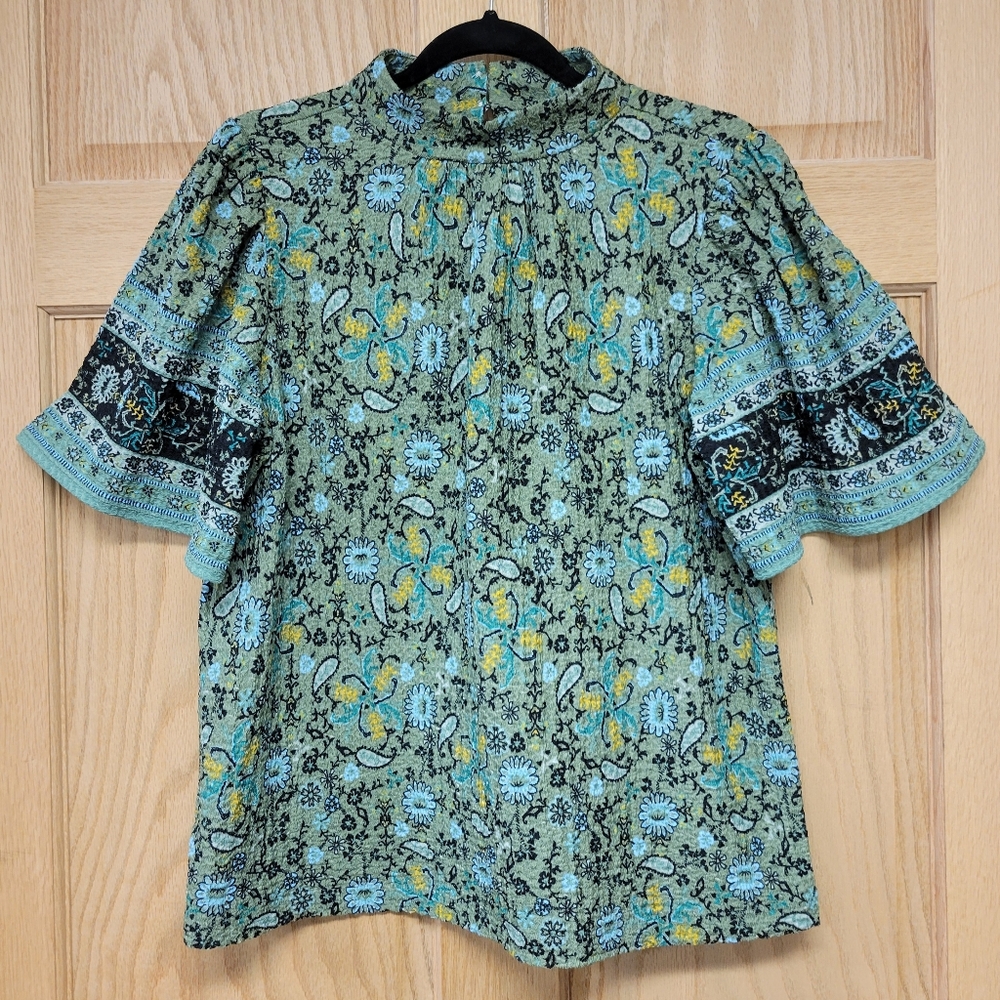 Loft Womens Size Medium Floral Paisley Bohemian Mock Neck Top Flounce Sleeves